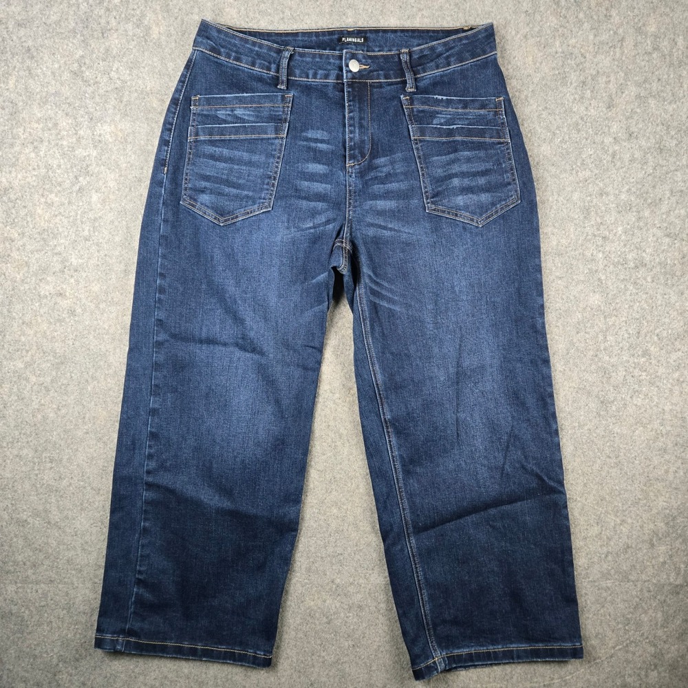 FLAMINGALS Jeans Womens 34x26 XL Dark Blue Wide Leg Crop High Rise Utility Boho